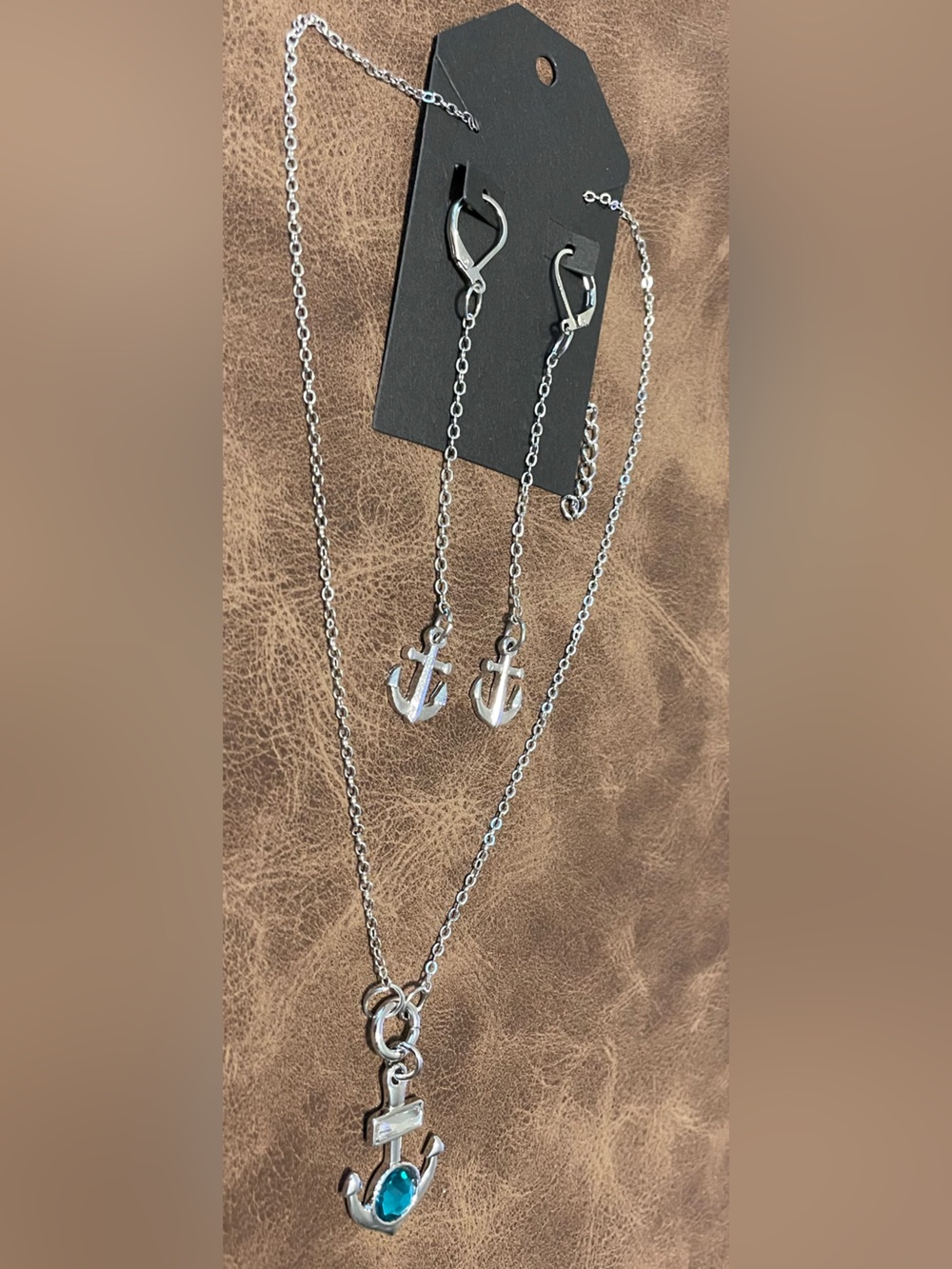 Silver Anchor Necklace & Earrings Set with Swavarski Teal Crystal Accent